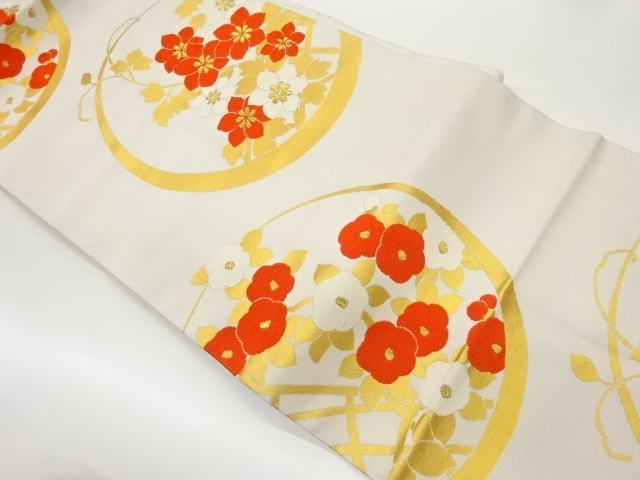 丸文に花々模様織出し名古屋帯